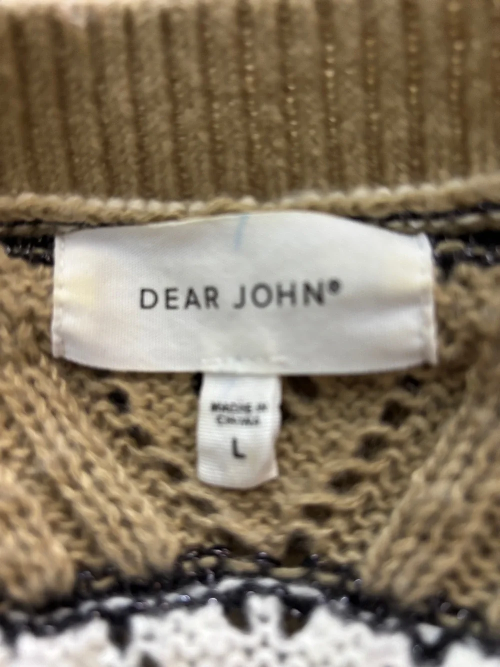 Dear John Boho Knit Sweater Large Neutral Cream Tan Black Metallic Stripe V Neck